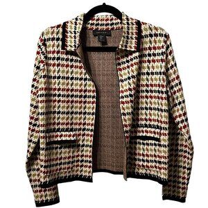 Tahari woman’s sz XS tan brick green black houndstooth cropped soft open jacket